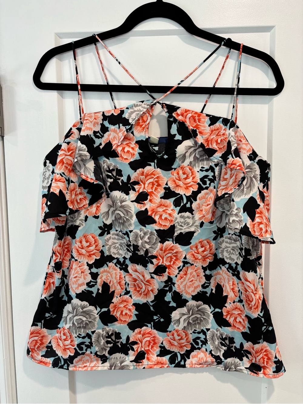 Blue Rain Coral and Black Floral Cold-Shoulder Cami